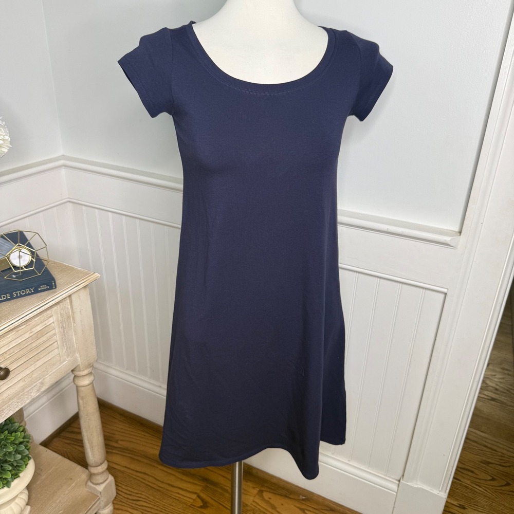 Eileen Fisher Navy Blue Organic Cotton Stretch A-Line T-Shirt Dress Petite XXS